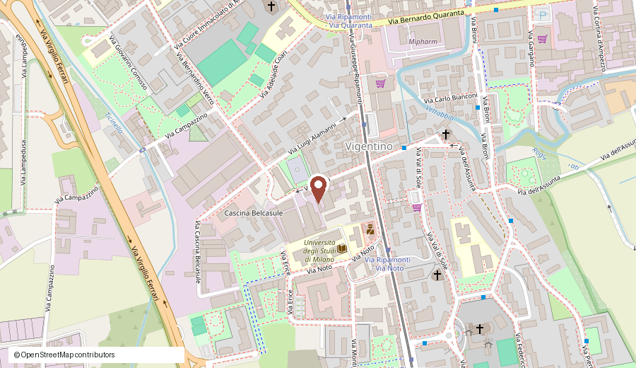Map area around Via Sibari 11 in Milan with a marker for Bangladesh Islamic Center